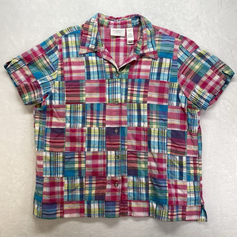 Liz Claiborne Womens Patchwork cotton Shirt Size 14 Short Sleeve multicolor‎